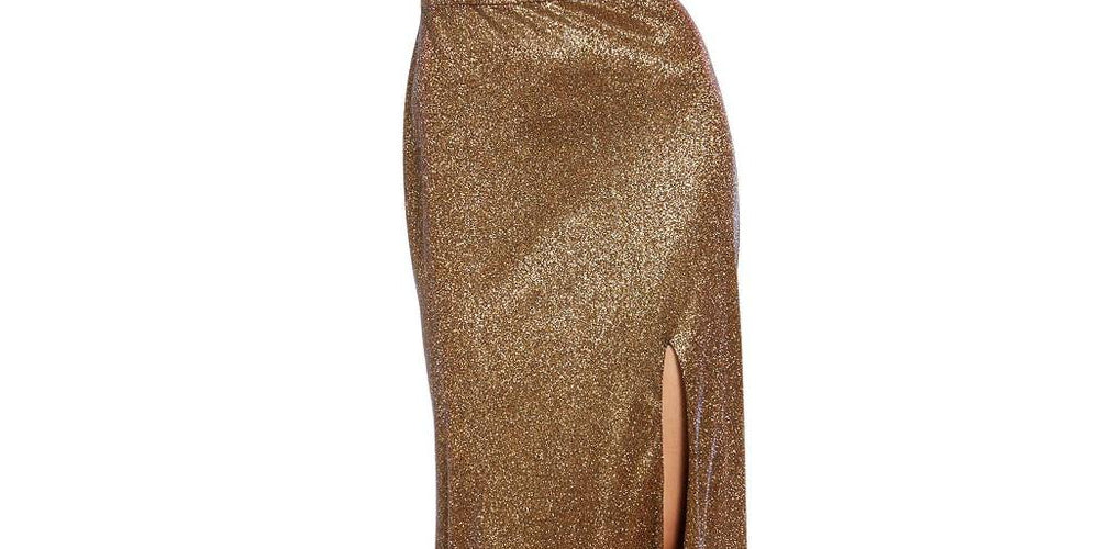 Vestido de festa longo com fenda frontal Blondie Nites feminino, amarelo, tamanho 3