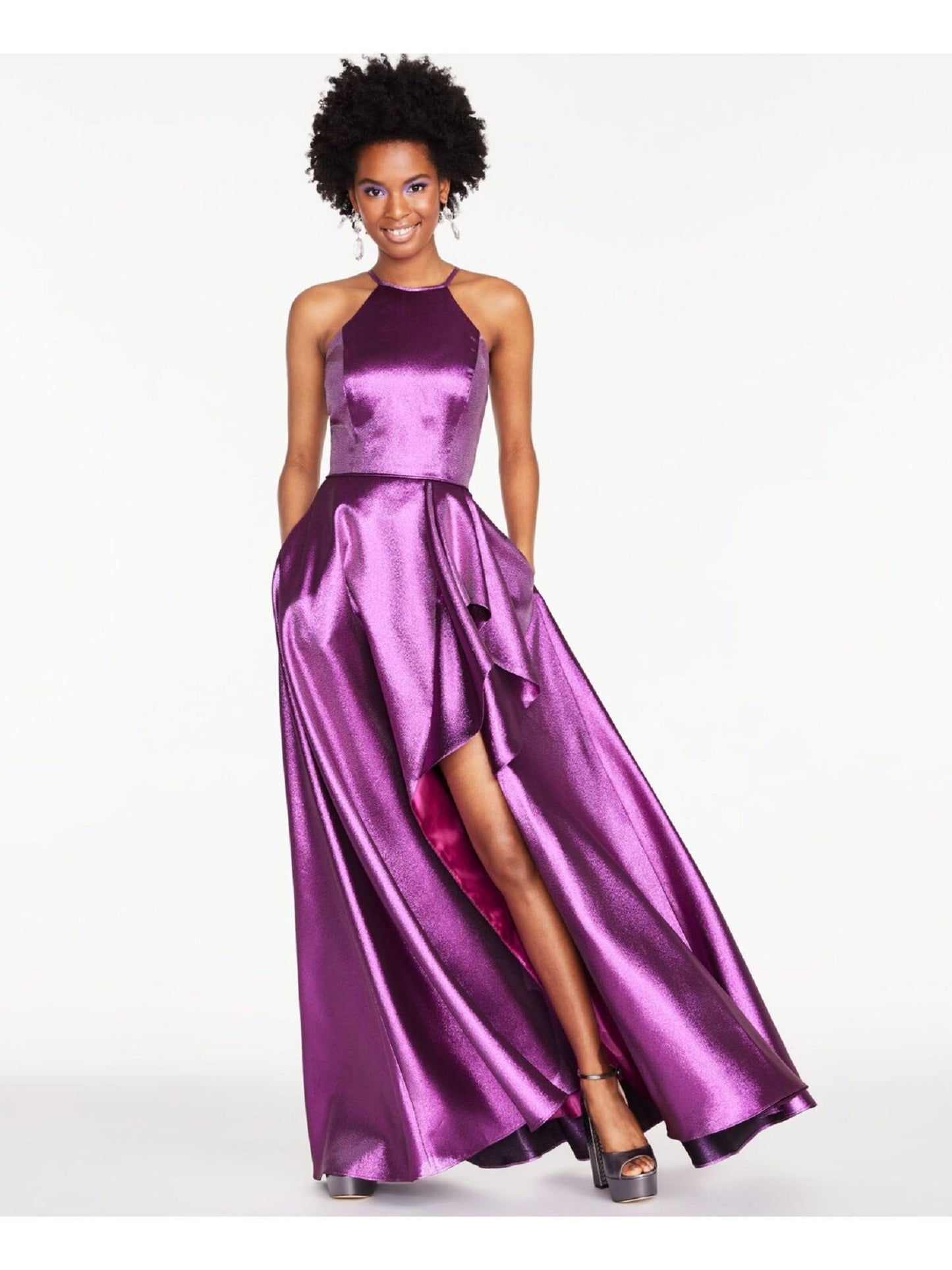 Vestido infantil metálico com fenda e babados Blondie Nites, rosa, tamanho 15