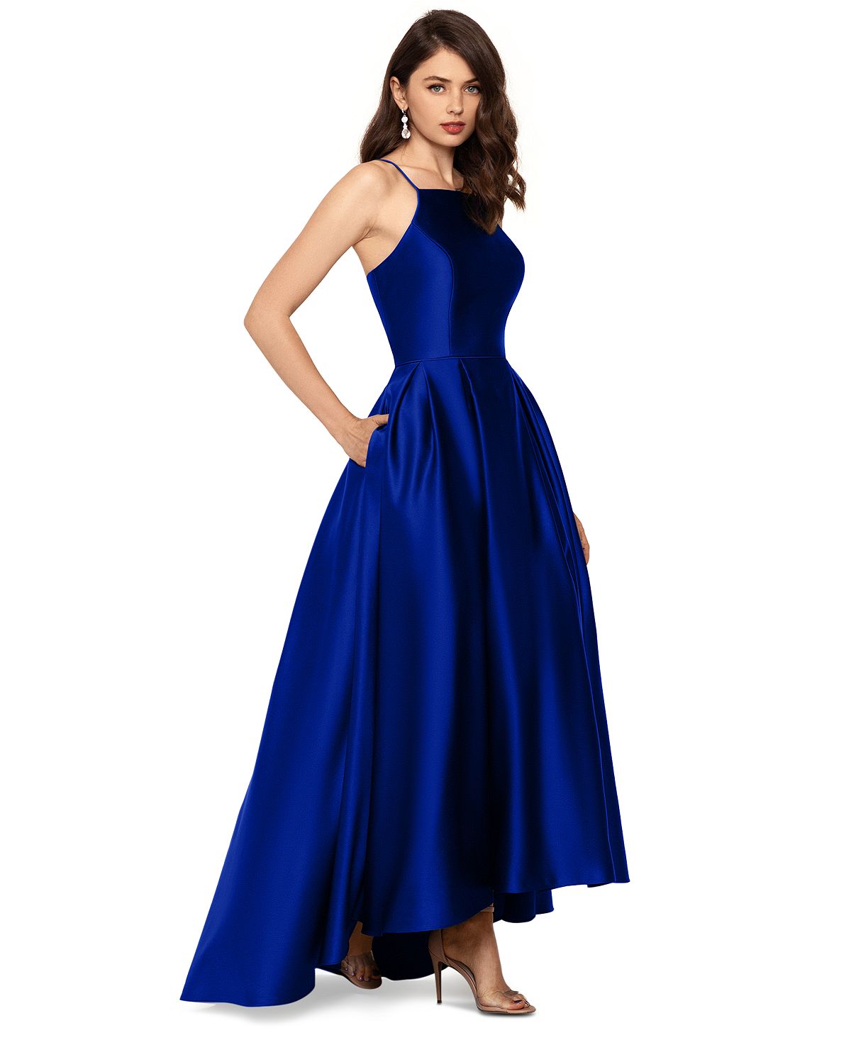 Vestido de baile de cetim feminino Betsy &amp; Adam, azul, tamanho 10, pequeno