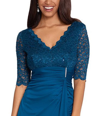Vestido feminino Betsy &amp; Adam com detalhe em cascata e renda, azul, tamanho 16