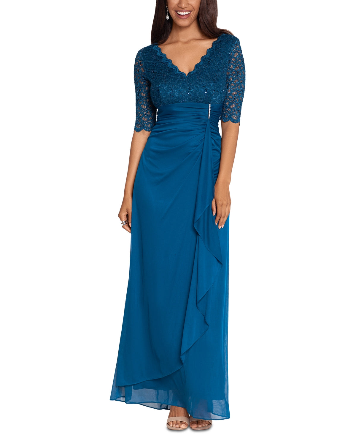 Vestido feminino Betsy &amp; Adam com detalhe em cascata e renda, azul, tamanho 16