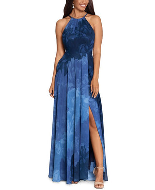 Vestido de festa feminino Betsy &amp; Adam estampado em chiffon, azul, tamanho 6