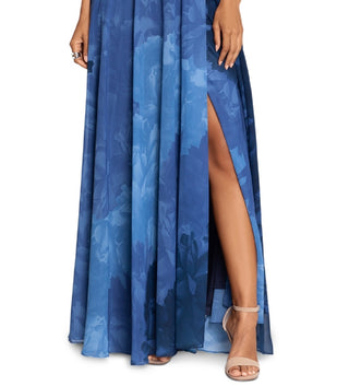 Vestido de festa feminino Betsy &amp; Adam estampado em chiffon, azul, tamanho 6