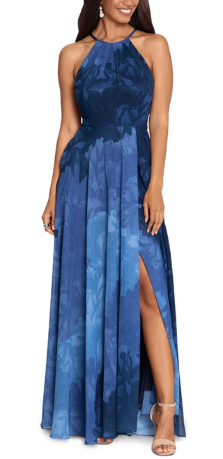 Vestido de festa feminino Betsy &amp; Adam estampado em chiffon, azul, tamanho 10, pequeno