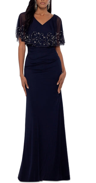 Vestido de festa feminino Betsy &amp; Adam com sobreposição de contas, azul, tamanho 4