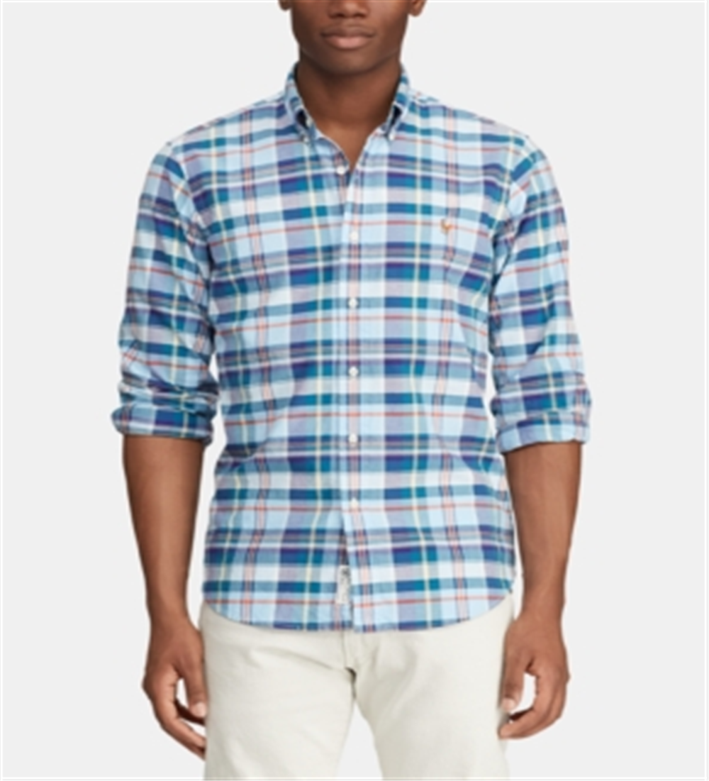 Camisa Oxford Listrada Masculina Ralph Lauren Classic Fit Azul Tamanho Médio