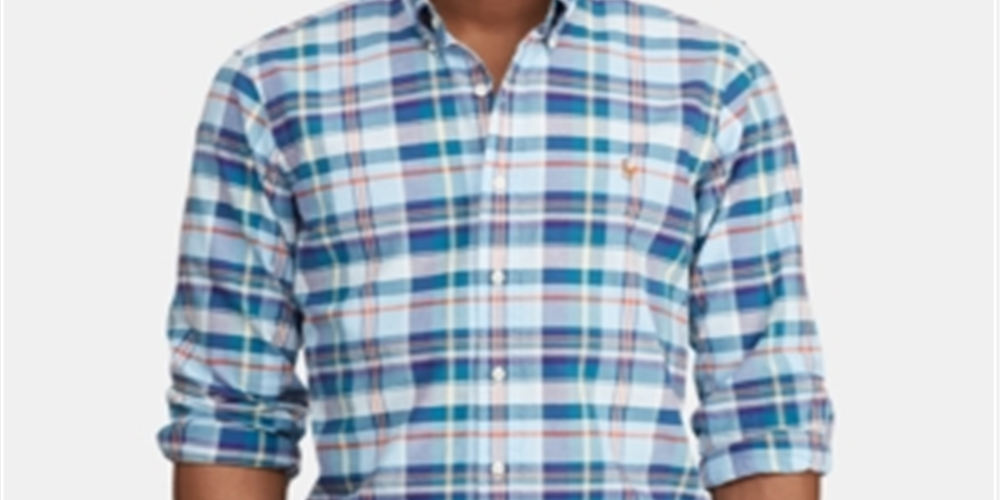 Camisa Oxford Listrada Masculina Ralph Lauren Classic Fit Azul Tamanho Médio