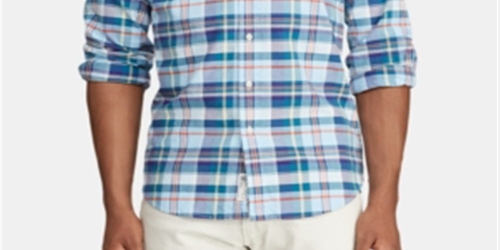 Camisa Oxford Listrada Masculina Ralph Lauren Classic Fit Azul Tamanho Médio