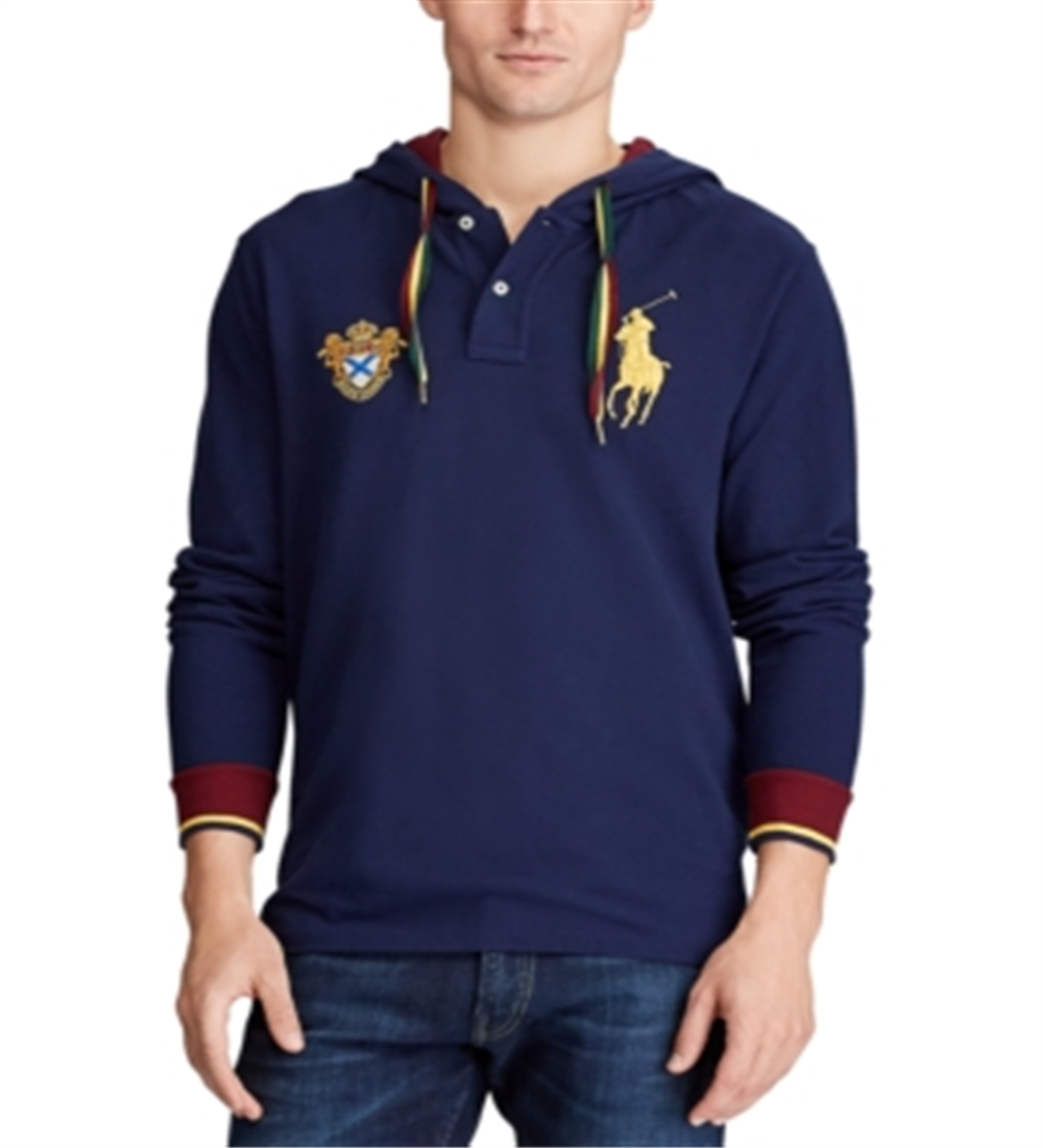 Polo Ralph Lauren Moletom com capuz masculino com patchwork e logotipo azul, tamanho pequeno