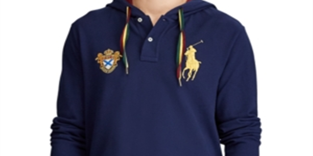 Polo Ralph Lauren Moletom com capuz masculino com patchwork e logotipo azul, tamanho pequeno