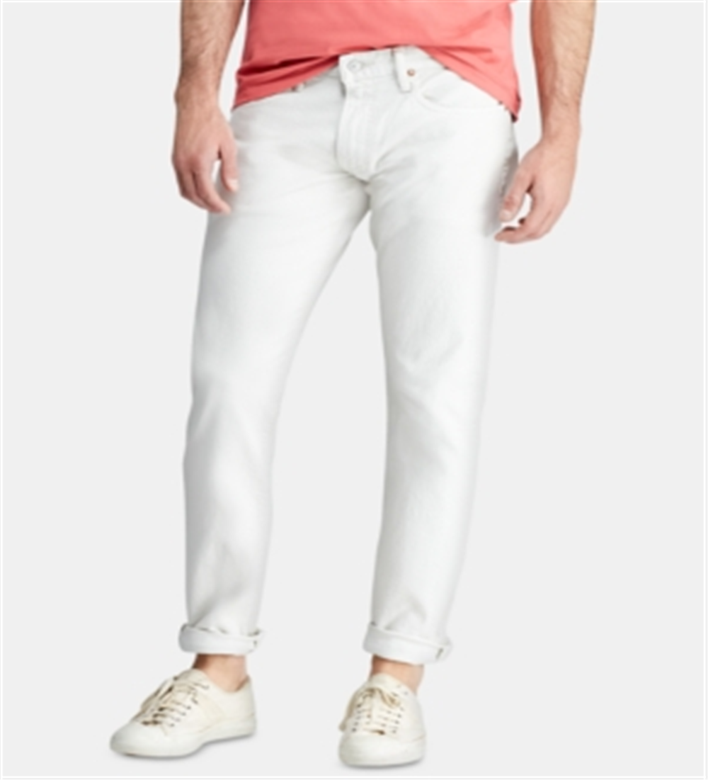 Calça jeans masculina Polo Ralph Lauren Slim Straight Stretch Varick com cinco bolsos, branca, tamanho 32x30