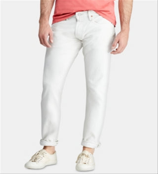 Calça jeans masculina Polo Ralph Lauren Slim Straight Stretch Varick com cinco bolsos, branca, tamanho 38x30