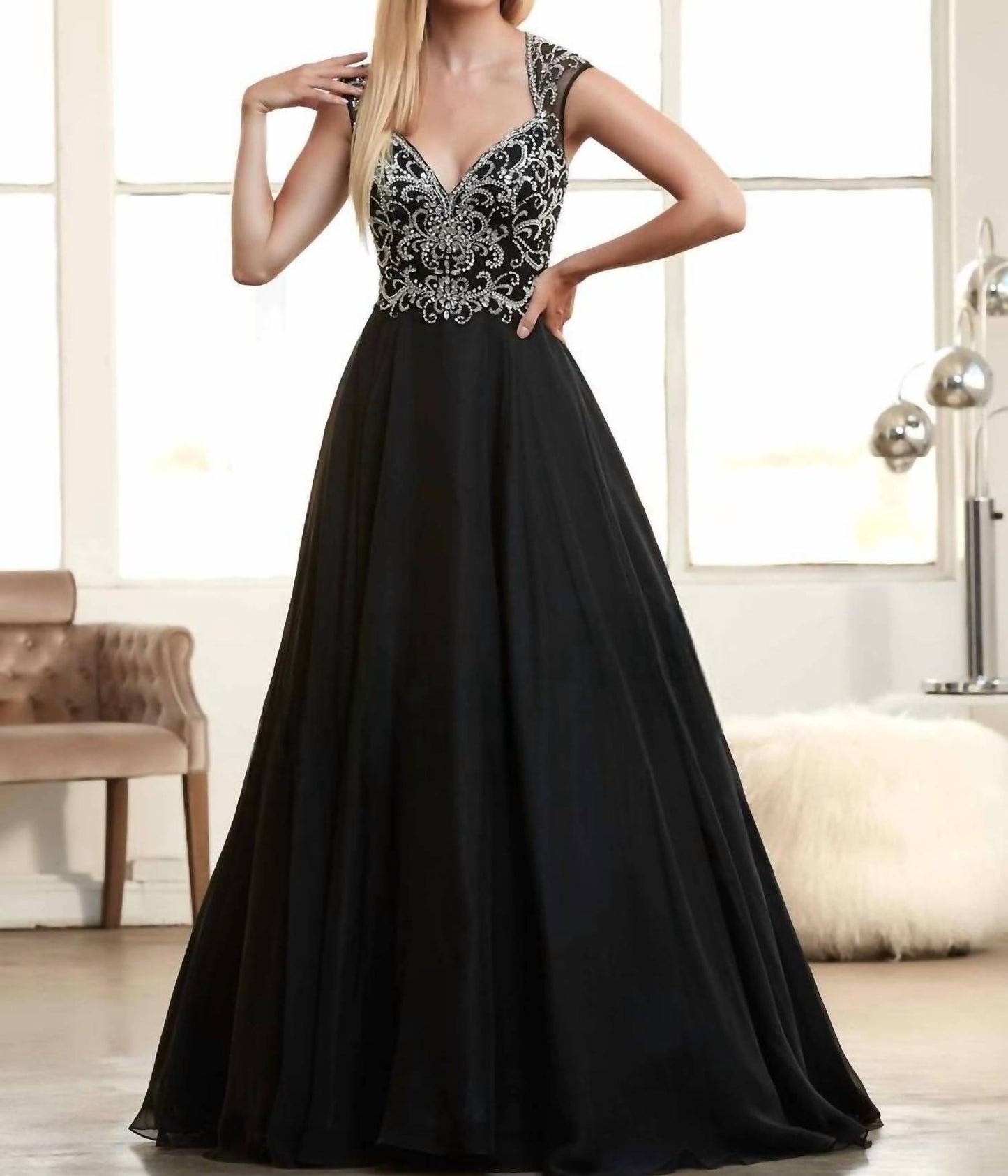 Mac Duggal - Cap Sleeves Beaded Ball Gown