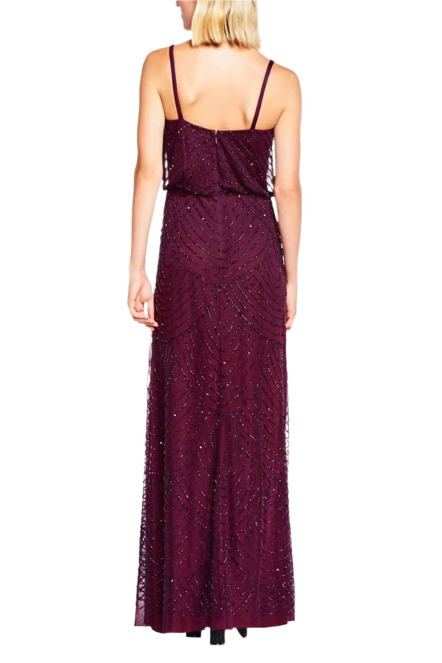 Adrianna Papell - Spaghetti Strap Blouson Embellished Mesh Dress