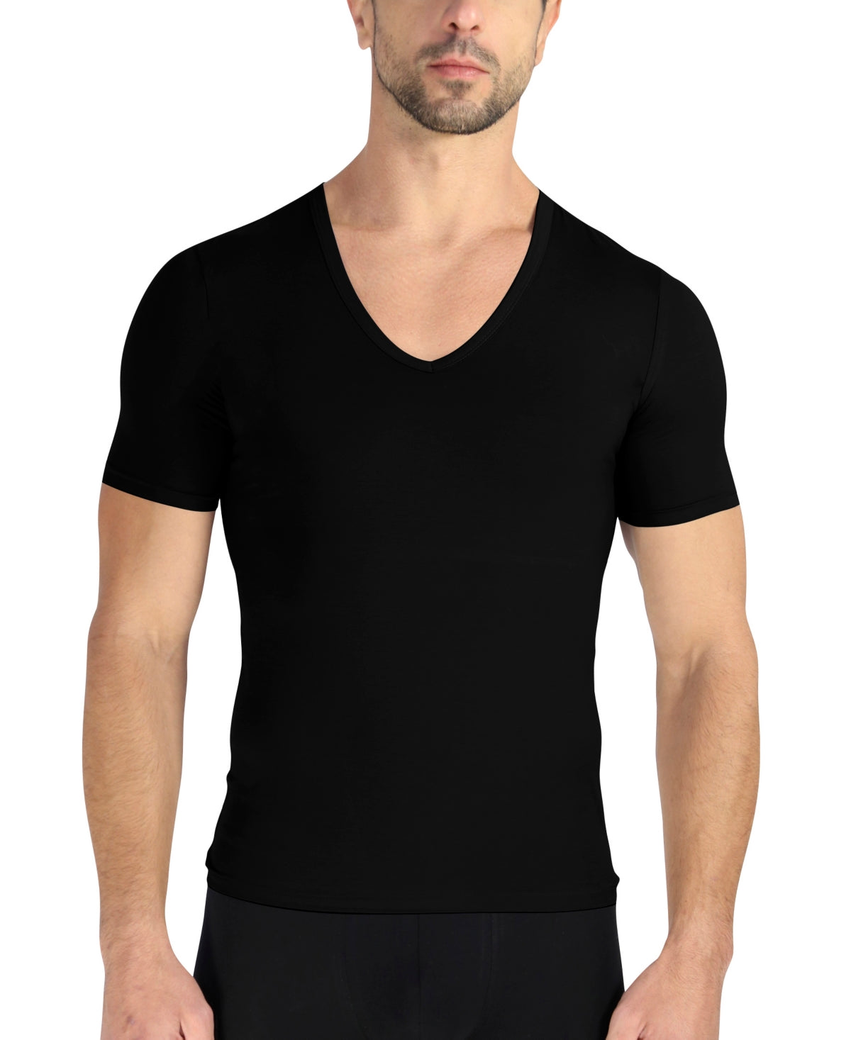 Conjunto de 2 camisetas masculinas Rounderbum com decote em V profundo, pretas, tamanho médio