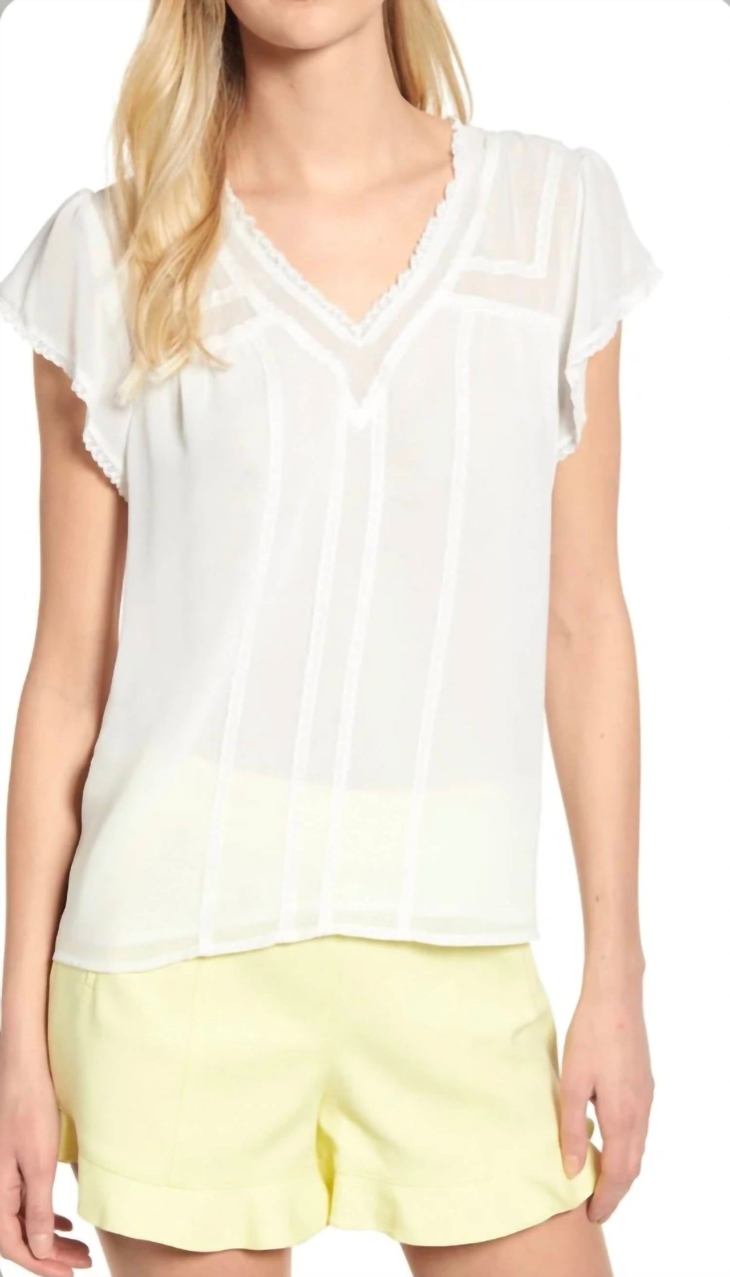 1.State - Short Sleeve V-Neck Blouse w/ Lace Trim Blouse