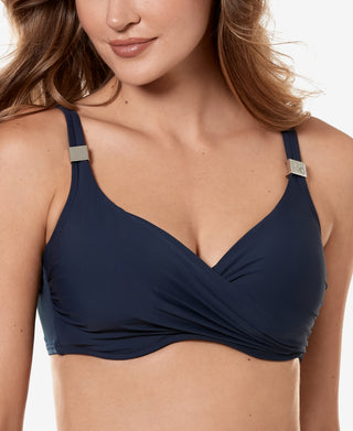 Top de biquíni feminino Miraclesuit com aro e sobrepeliz, azul, tamanho 36DDD