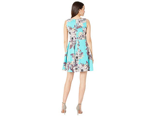 Vestido feminino Taylor com decote canoa, mangas, estampa floral, azul, tamanho 6