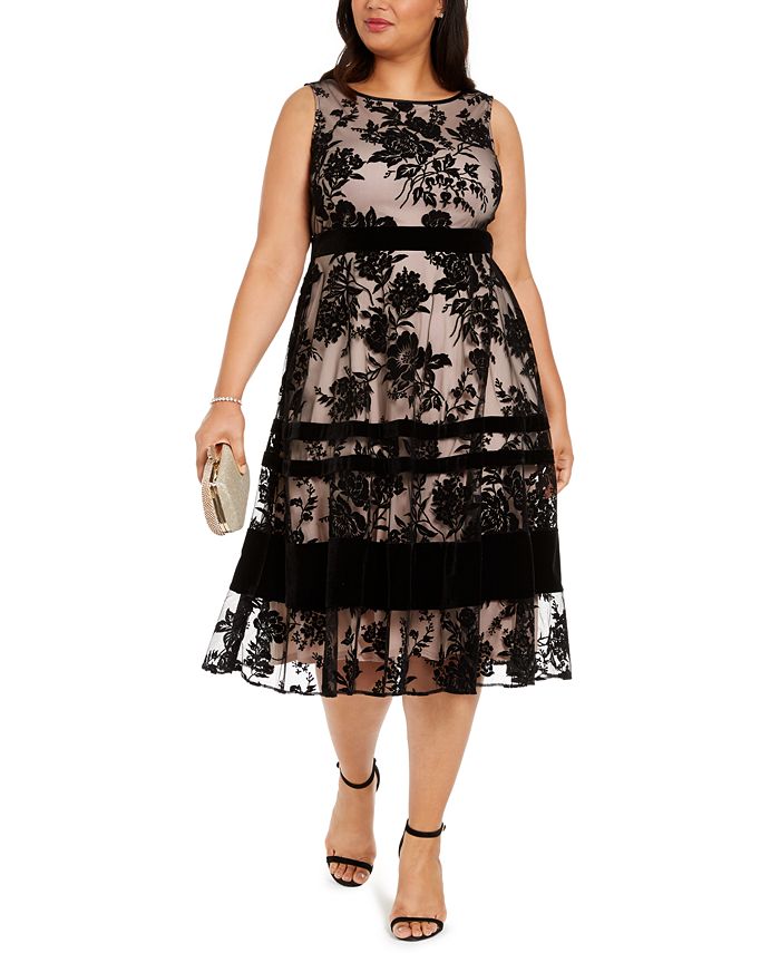 Vestido midi flocado de veludo plus size Taylor feminino, preto, tamanho 20W