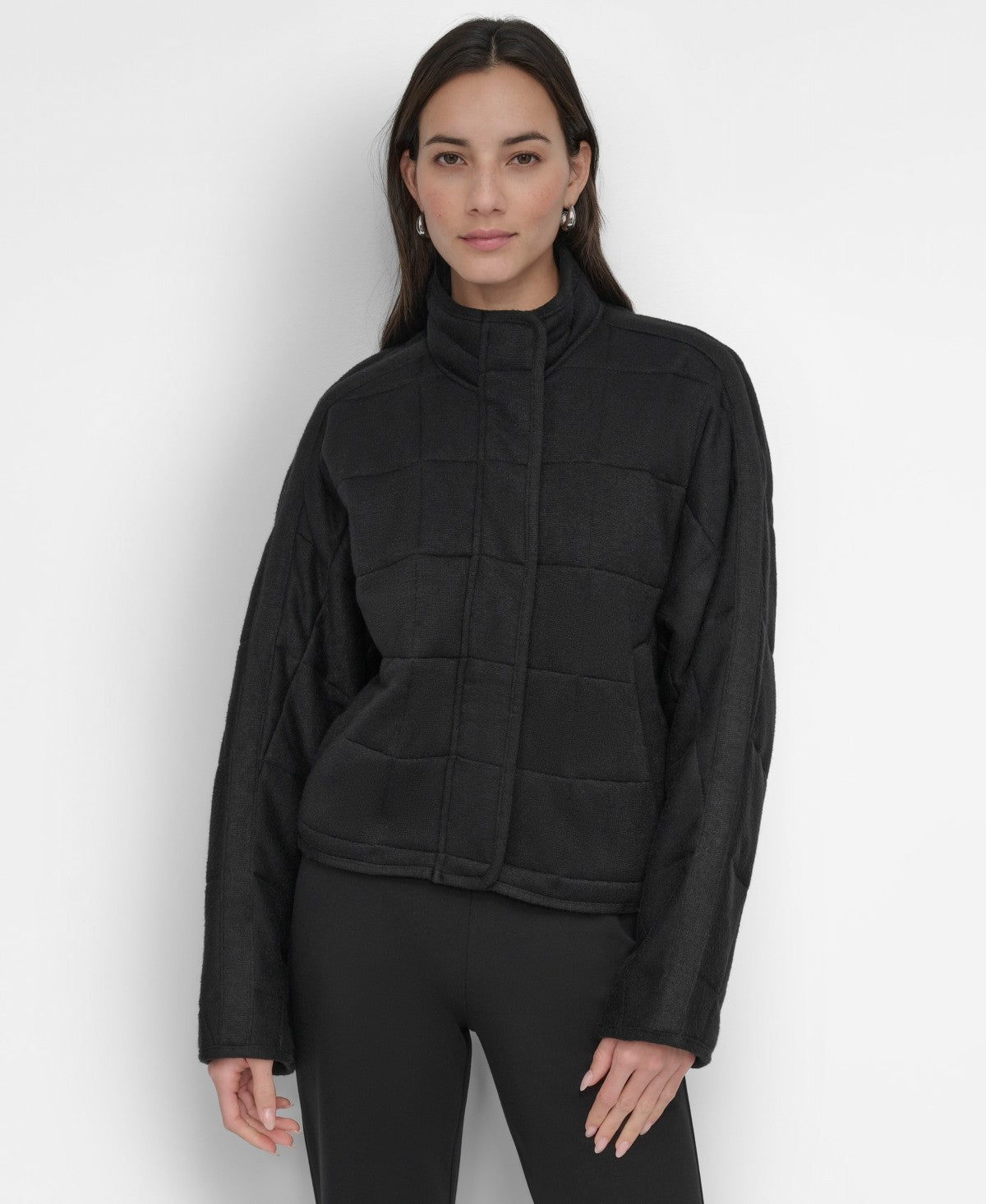 DKNY Womens Quilted Zip Front Stand Collar Jacket Black