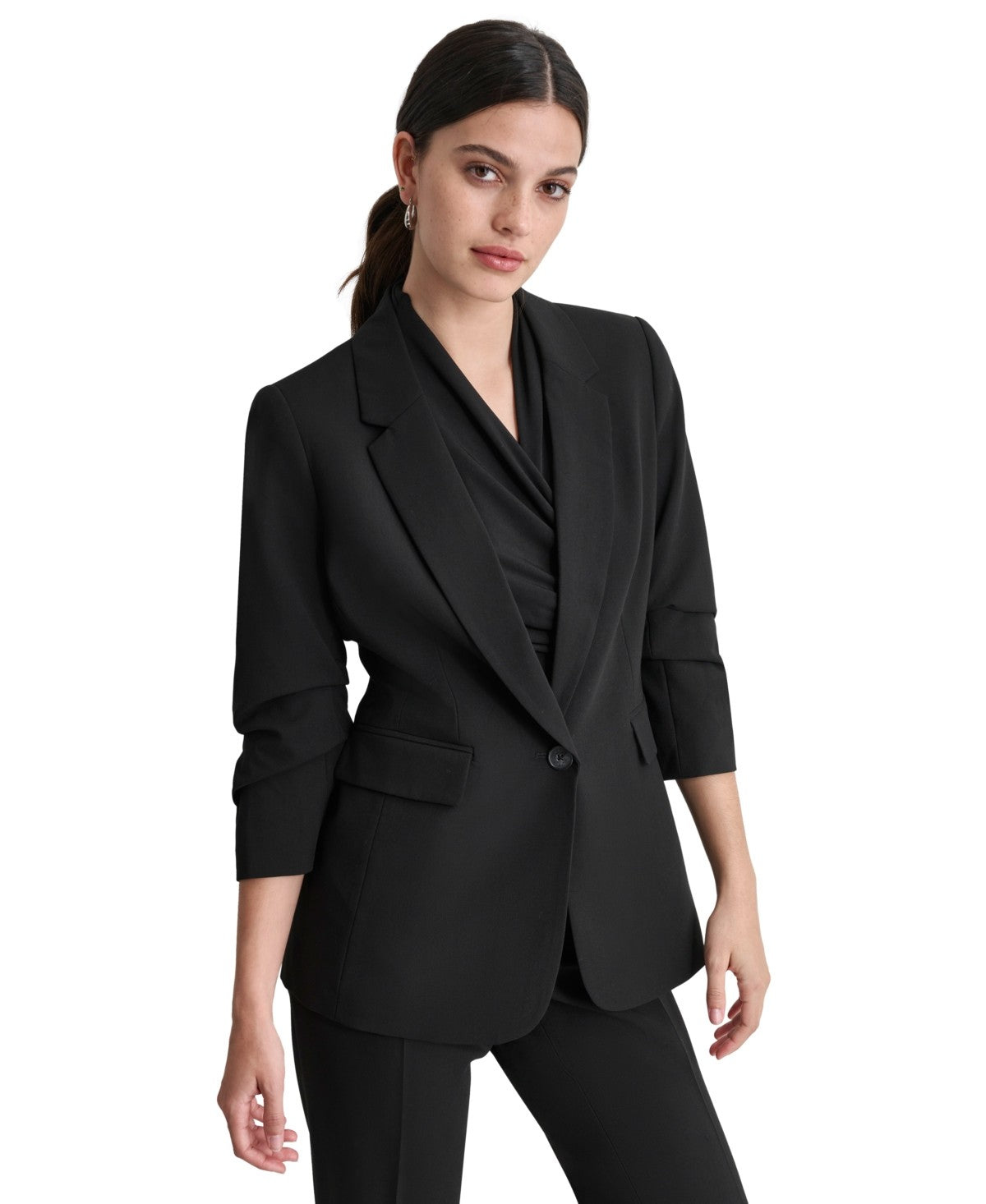 DKNY Womens Ruched Sleeve One Button Blazer Black