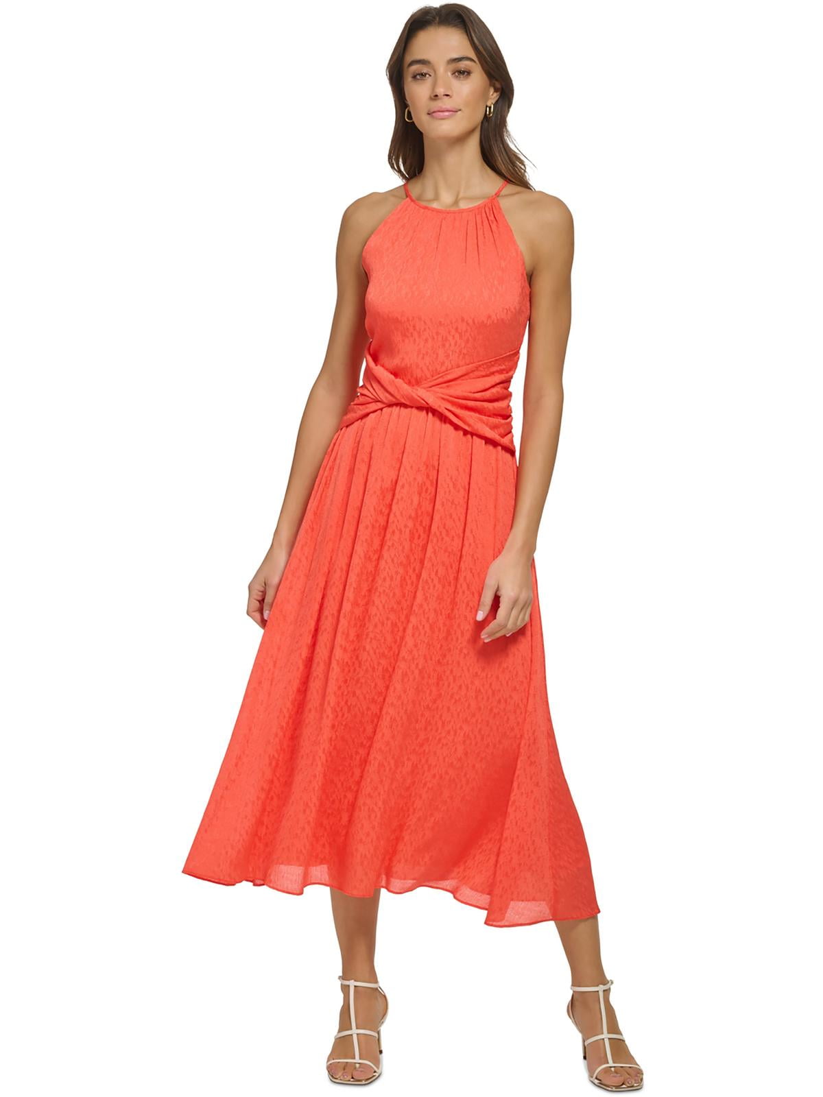 Vestido midi sem mangas com decote halter e cintura torcida, tamanho 12, laranja, feminino, DKNY