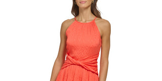 Vestido midi sem mangas com decote halter e cintura torcida, tamanho 12, laranja, feminino, DKNY