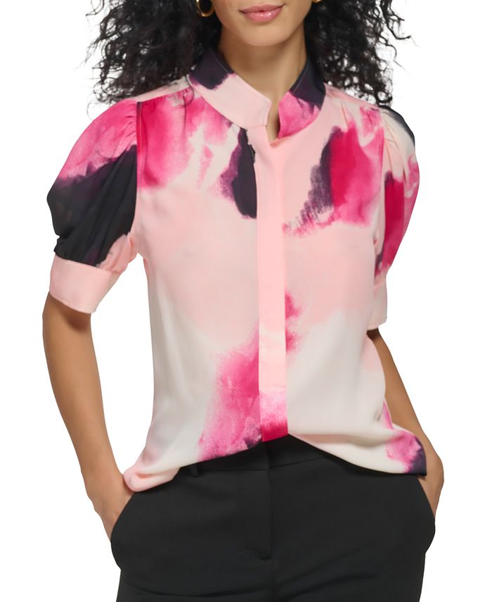 Blusa feminina DKNY com decote falso e manga curta, rosa, tamanho grande