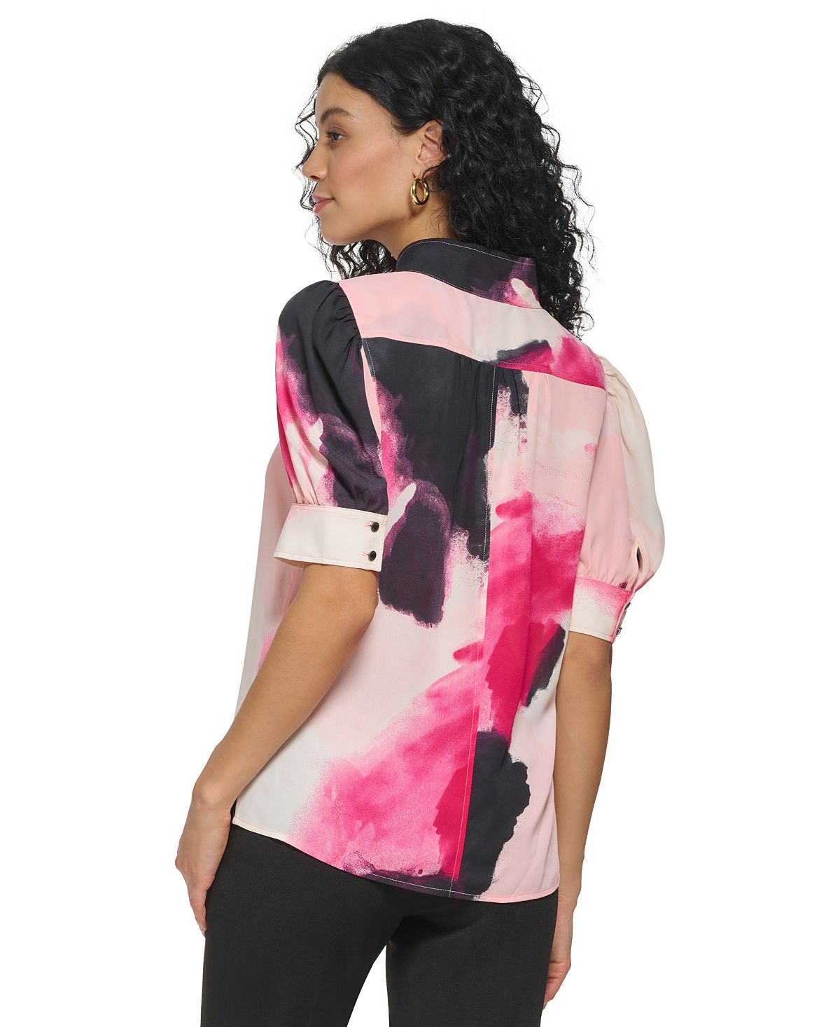 Blusa feminina DKNY com decote falso e manga curta, rosa, tamanho grande