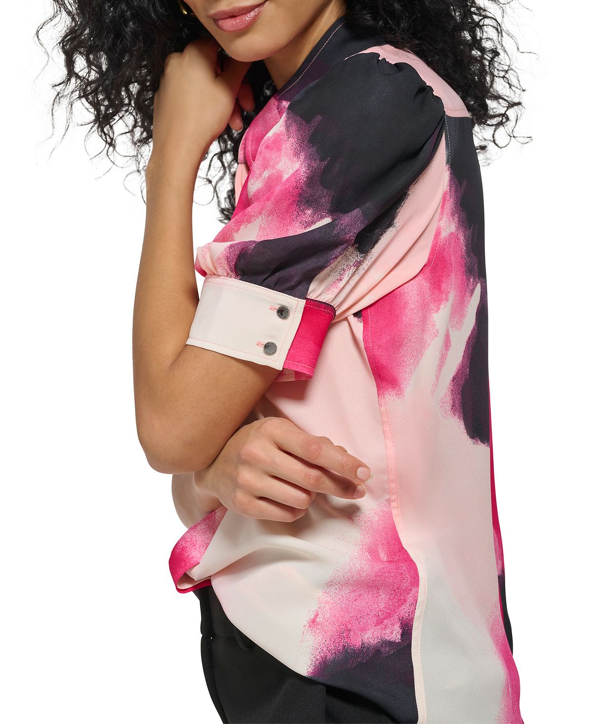 Blusa feminina DKNY com decote falso e manga curta, rosa, tamanho grande