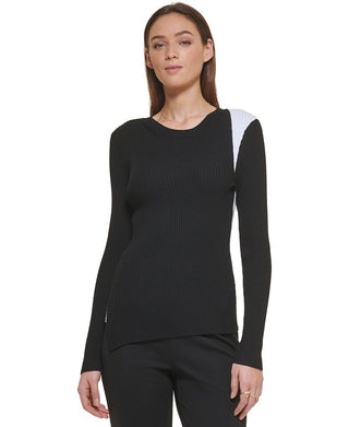 Suéter feminino DKNY com ombros contrastantes, preto, tamanho médio