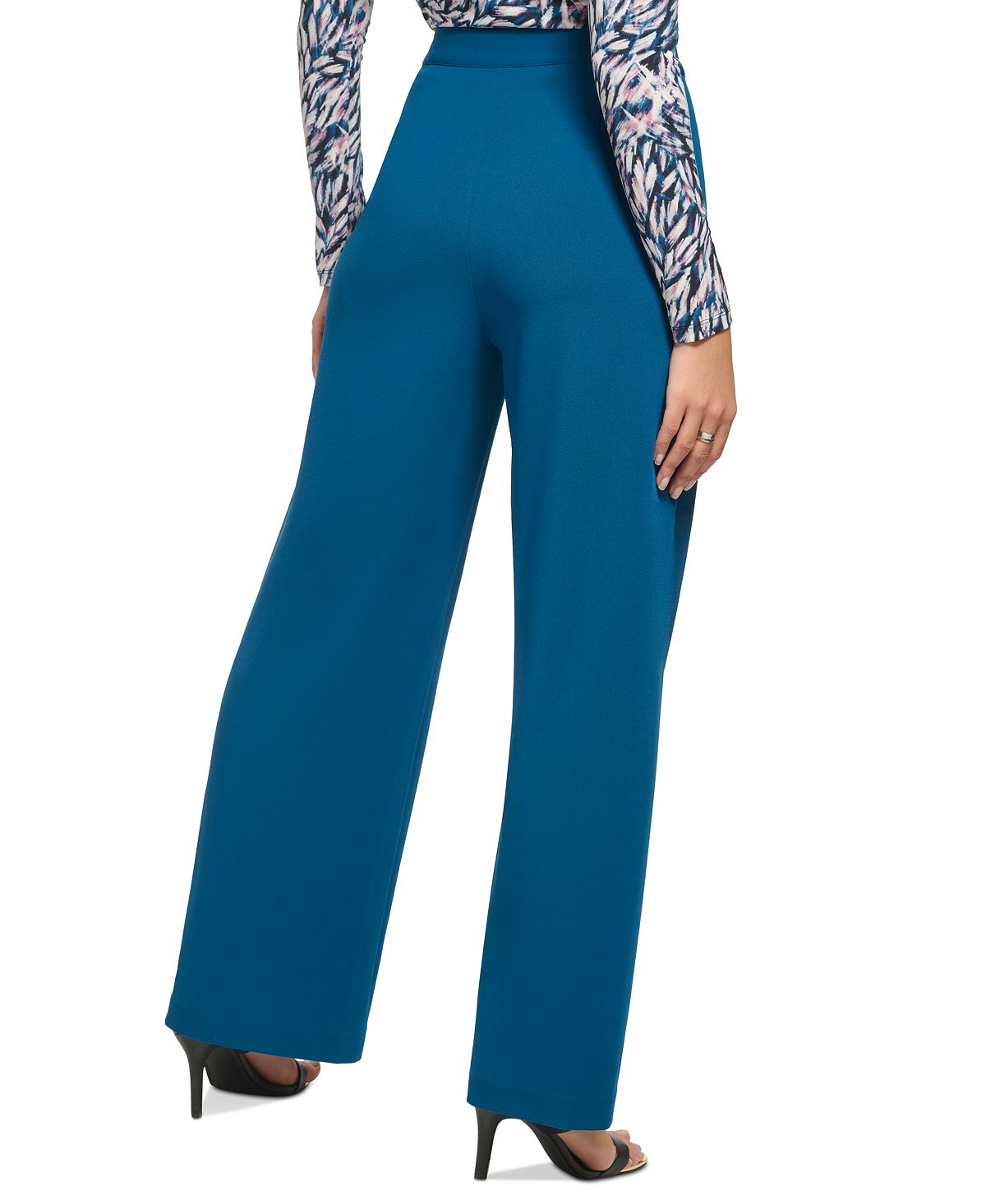 Calça feminina DKNY com zíper lateral e perna larga, azul, tamanho 14