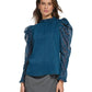 Blusa feminina DKNY com babados em jacquard e manga comprida, azul, tamanho médio