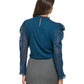 Blusa feminina DKNY com babados em jacquard e manga comprida, azul, tamanho médio