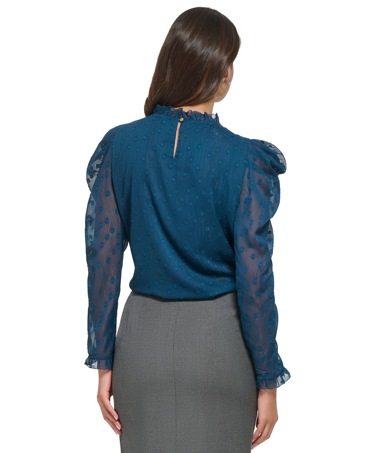 Blusa feminina DKNY com babados em jacquard e manga comprida, azul, tamanho médio