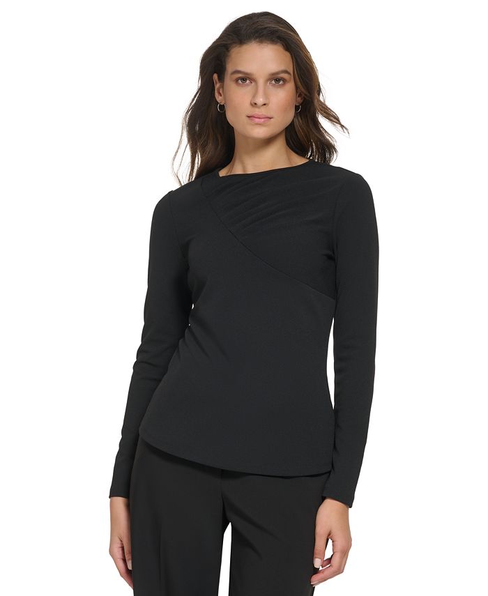 Blusa de malha feminina DKNY com decote redondo e manga comprida, preta, tamanho pequeno