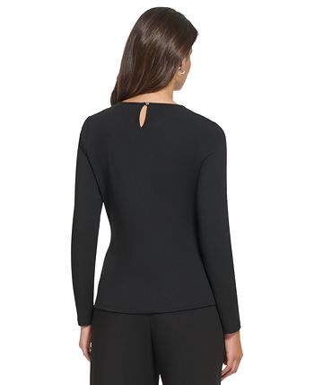 Blusa de malha feminina DKNY com decote redondo e manga comprida, preta, tamanho pequeno