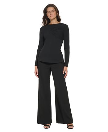Blusa de malha feminina DKNY com decote redondo e manga comprida, preta, tamanho pequeno