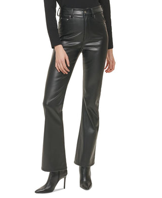 Calça flare feminina DKNY Boreum de couro sintético, preta, tamanho 30
