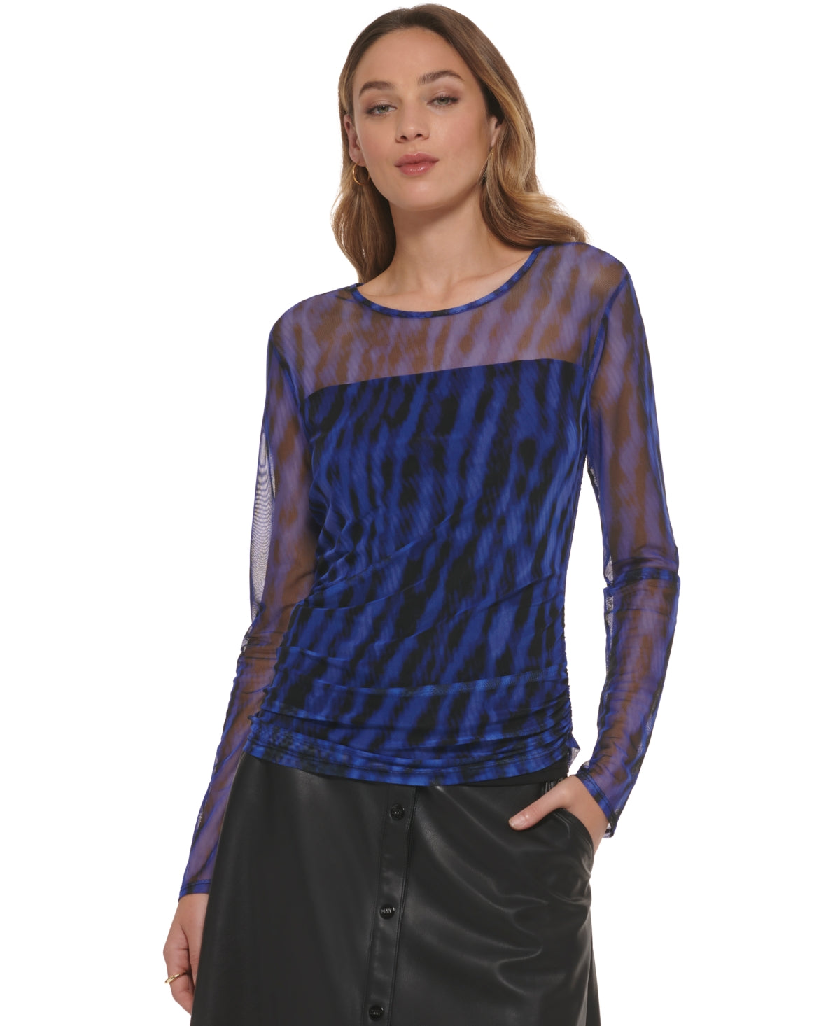 Blusa de malha listrada de zebra feminina DKNY, azul, tamanho grande