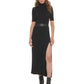 Vestido longo feminino DKNY com acabamento em couro sintético e gola alta, preto, tamanho grande