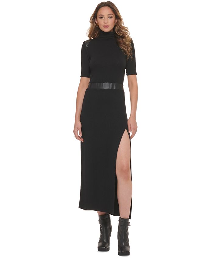 Vestido longo feminino DKNY com acabamento em couro sintético e gola alta, preto, tamanho grande