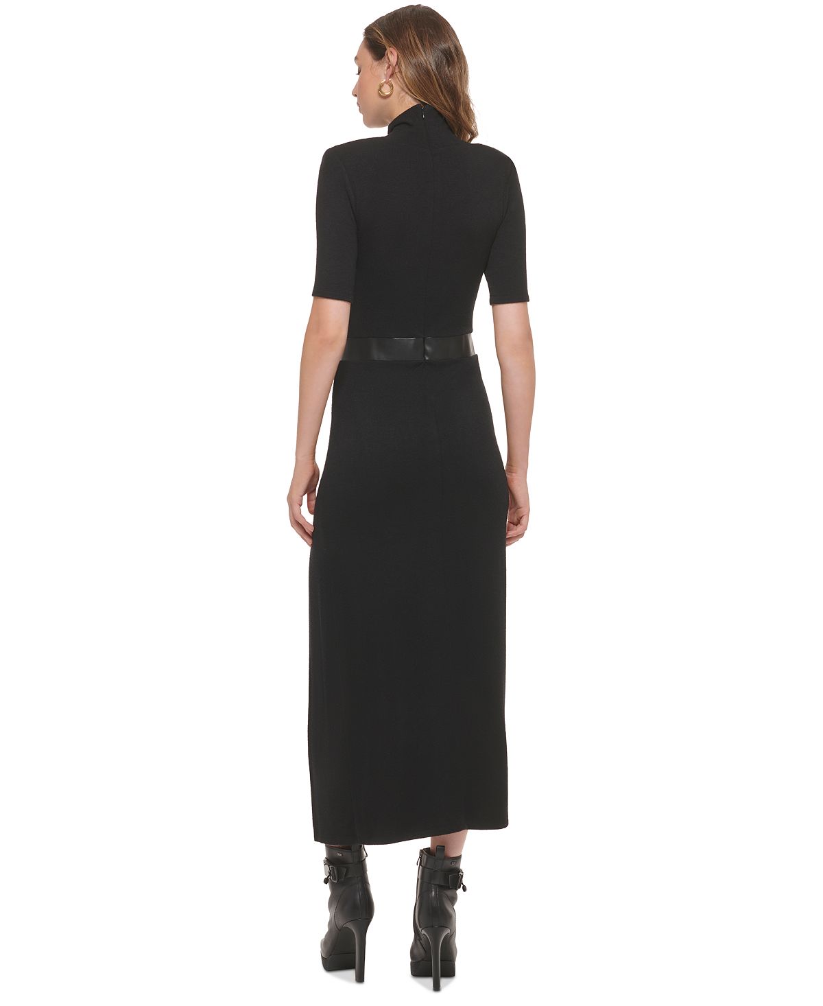 Vestido longo feminino DKNY com acabamento em couro sintético e gola alta, preto, tamanho grande