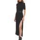 Vestido longo feminino DKNY com acabamento em couro sintético e gola alta, preto, tamanho grande