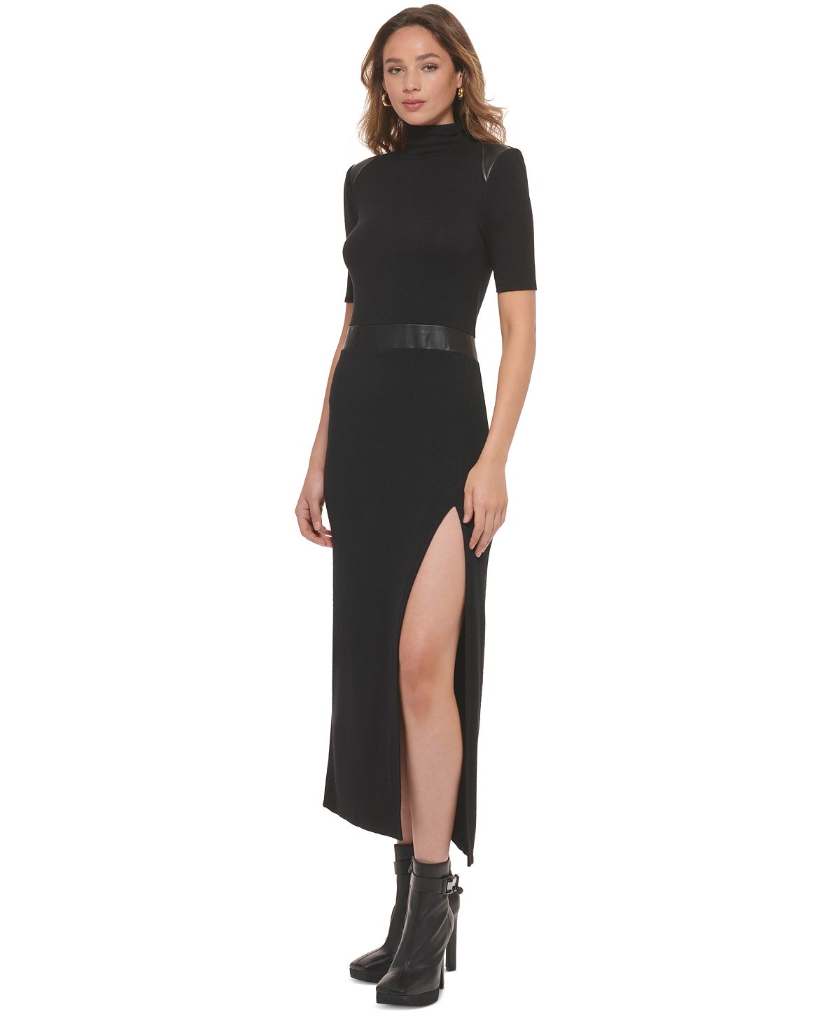 Vestido longo feminino DKNY com acabamento em couro sintético e gola alta, preto, tamanho grande