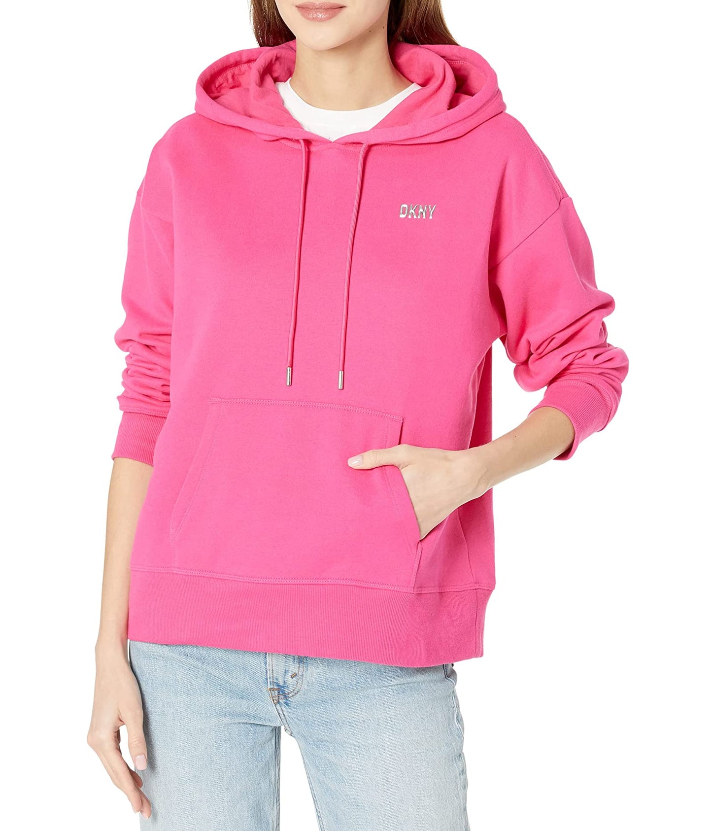 Moletom com capuz feminino DKNY com logotipo metálico rosa, tamanho P