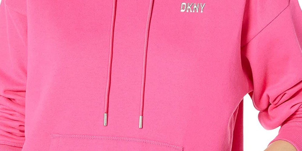 Moletom com capuz feminino DKNY com logotipo metálico rosa, tamanho P