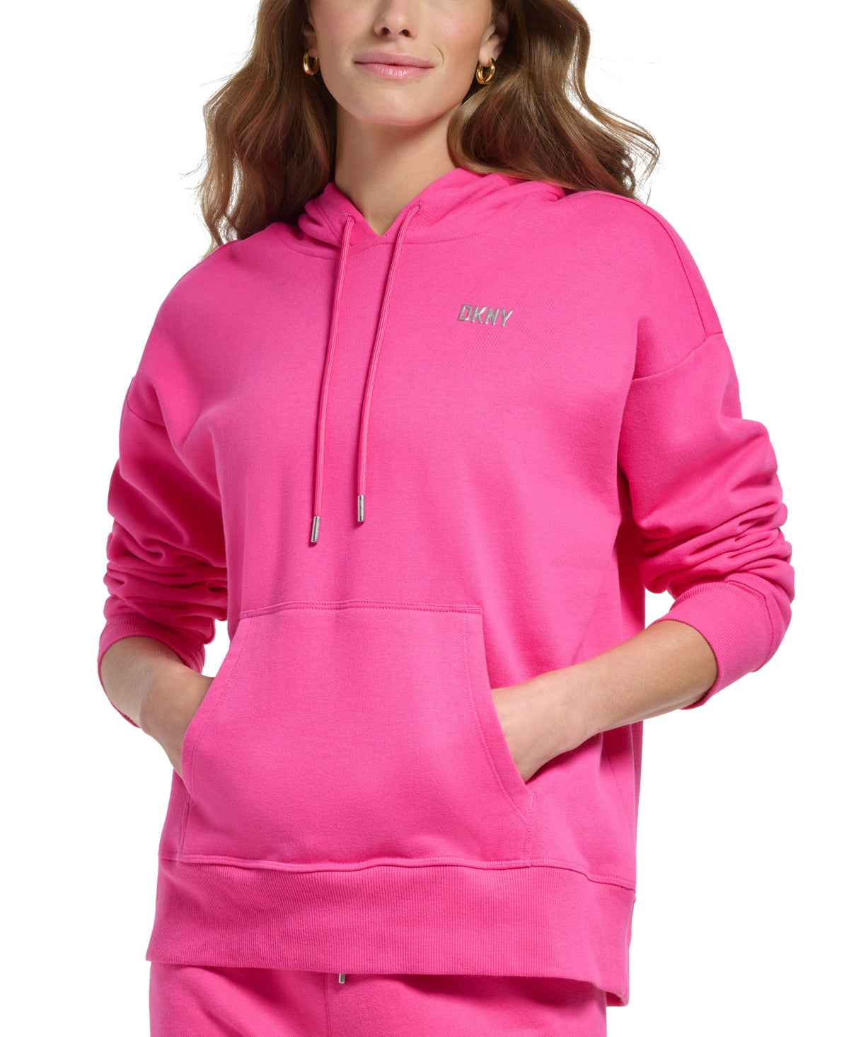 Moletom com capuz feminino DKNY com logotipo metálico rosa, tamanho P