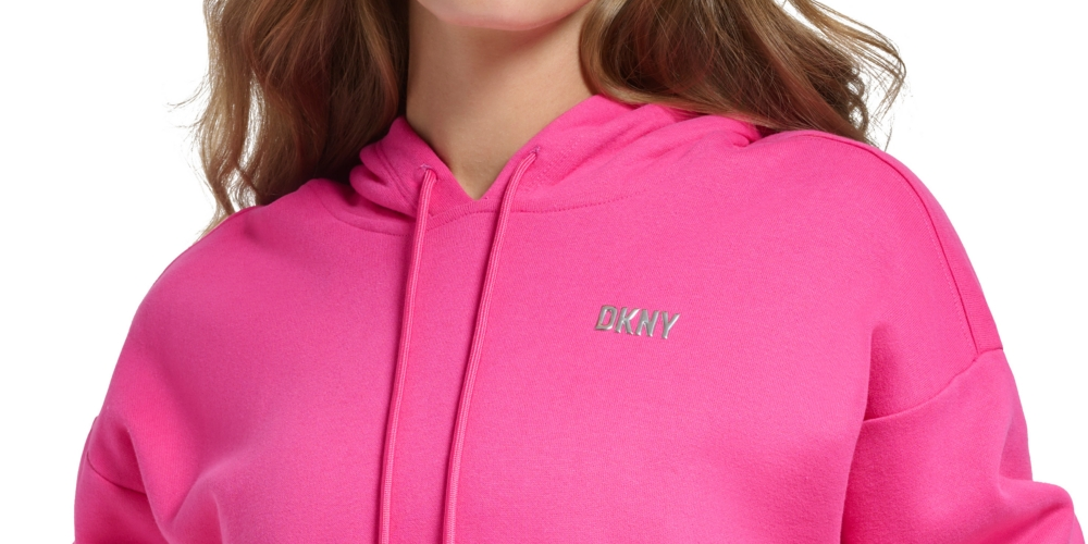 Moletom com capuz feminino DKNY com logotipo metálico rosa, tamanho P