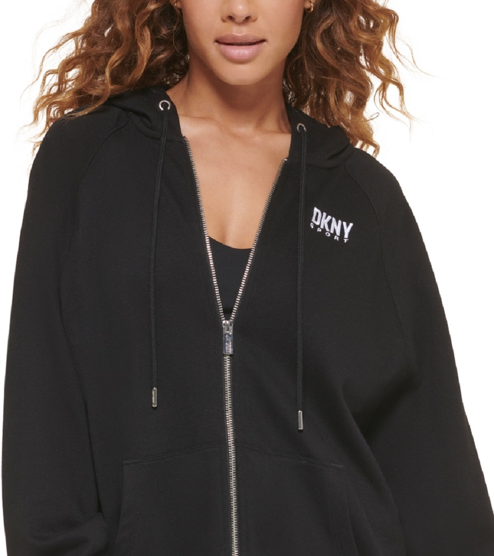 DKNY Moletom com capuz feminino grande de algodão com zíper, preto, tamanho grande